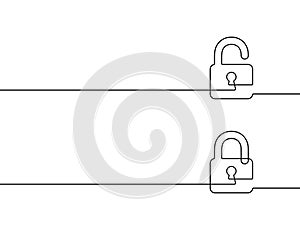 Open and closed lock. Black silhouette keyhole continuous line isolated on white background. Hand drawn padlock. Secrecy lock