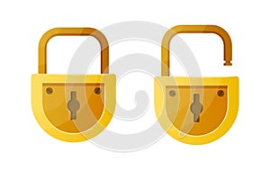 Open and closed lock. Cartoon data encryption and home security symbol. Golden padlock shape design with interlock