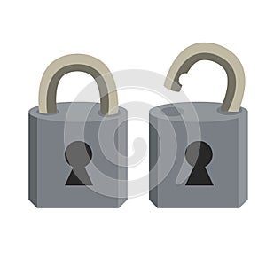 Open and closed lock. Metal object. Protection and security. Block and unlock. The element doors. Keyhole