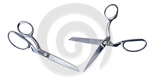 Open and closed metal tailor\'s scissors. Hobby and sewing tool. Close-up. Isolated on white background. Set, collage