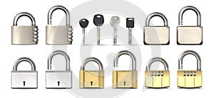 Open and closed metallic, gold and chrome code padlocks. Realistic locks with secret number combination and keyholes