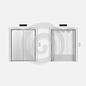 Open and closed modern chrome metal elevator doors. Vector illus