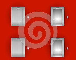 Open and Closed Modern Metal Elevator Doors. Hall Interior in Gray Colors. Vector metal elevator outside and inside on a