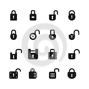 Open and closed padlock icons. Lock, security and password vector isolated symbols