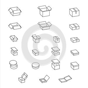 Open closed paper boxes outline. Vector cardboard boxes icon set. Isolated on white, simple graphic illustration. Packageing gift