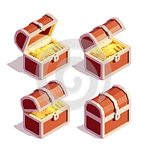Open and Closed Pirate Chests Full of Gold Coins. Isometric Illustration