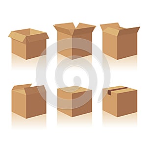 Open and closed recycle brown carton delivery packaging box. Collection vector illustration