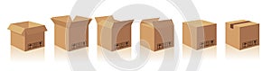 Open and closed recycle brown carton delivery packaging box with fragile signs. Collection illustration box with s