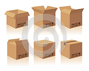 Open and closed recycle brown carton delivery packaging box with fragile signs. Collection vector illustration isolated