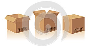 Open and closed recycle brown carton delivery packaging box with fragile signs. Collection vector illustration isolated