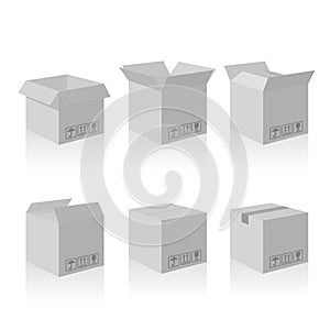 Open and closed recycle carton delivery packaging box fragile signs