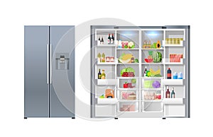 open and closed refrigerator fridge full of fresh food horizontal isolated