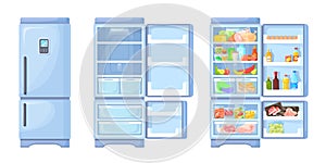 Open and closed refrigerator. Opening fridge door empty or full food inside fridges, open close freezer for supermarket
