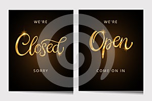 Open Closed Shop Sign. Shiny sparkle 3d vector gold golden lettering calligraphy card