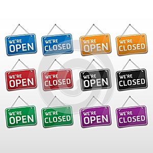 Open and closed sign with shadow isolated on white background, vector