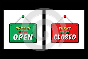 Open and closed signs store information design illustration