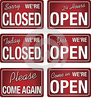 Open closed store signs in red color