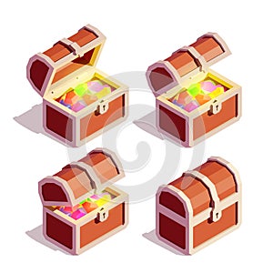 Open and Closed Treasure Chests Full of Colorful Gemstones. Isometric Illustration