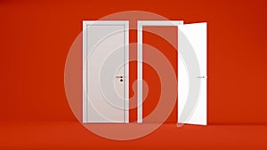 Open and closed two white doors on a red background, metaphor of choice or path
