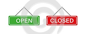 OPEN and CLOSED vector icon isolated on white background. Green and red hanging sign. Icon set. Banner design