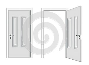 Open and closed white entrance. Realistic door isolated on white background. Clean design white door template