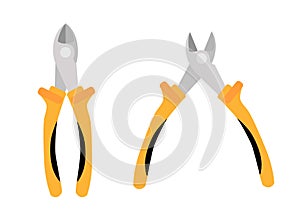 Open and closed yellow side cutters. wire cutters isolated on white background, flat vector illustration