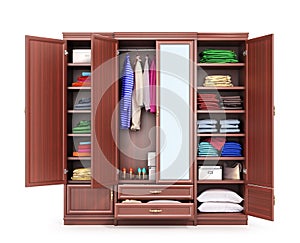 Open closet made of dark wood, clothes. Closet compartment. 3d illustration