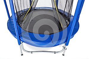 Open closeup trampoline for children and adults for fun indoor or outdoor fitness jumping on white background