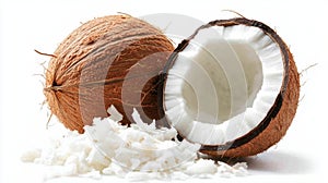 Open coconut with shredded coconut flakes spilling on white table