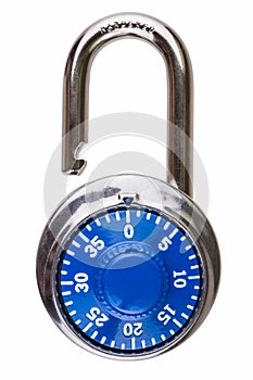 Open combination lock with blue dial