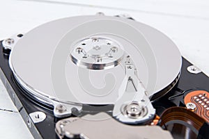 Open computer hard disk drive HDD closeup