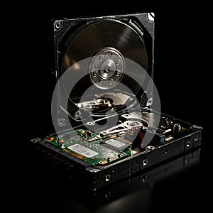 An open computer hard drive is displayed, revealing its internal components on a