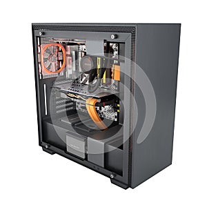 Open computer with red lighting effects and water cooled cooling system on white background 3d render without shadow