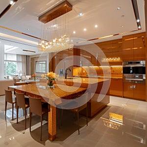 Open-concept kitchen and dining area where the warmth of caramel envelops the space,