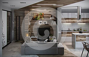 Open concept kitchen and living room, 3d render photo