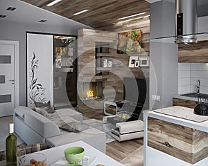 Open concept kitchen and living room, 3d render photo