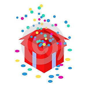 Open confetti red gift box icon, isometric style