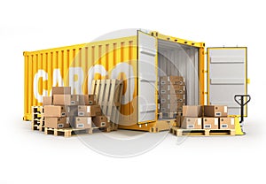 Open container pallets with boxes and hand truck