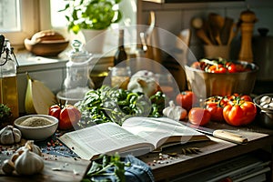 Open cookbook in a kitchen full of fresh produce
