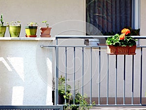 Open corridor elevation detail with steel railing, clay pots and red Geranium