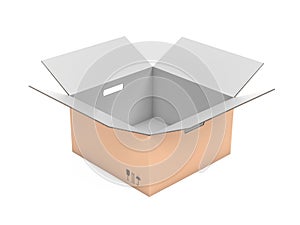 Open corrugated carton box with handle holes. White inside and brown outside. 3d rendering illustration isolated