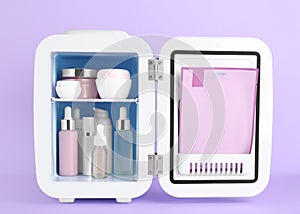 Open cosmetic refrigerator with skin care products on violet background