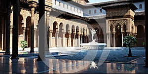 Open courtyard with middle eastern architecture influences and fountain.