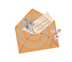 Open craft envelope with handwritten paper letter. Spring mail with flowers. Handmade correspondence. Flat vector