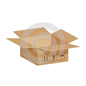 Open crate boxes 3d, cardboard box brown, flat style cardboard parcel boxes empty, packaging cargo open, isometric boxes brown,