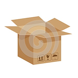 Open crate boxes 3d, cardboard box brown, flat style cardboard parcel boxes, packaging cargo open, isometric boxes brown