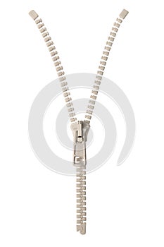 Open creamy white ivory zipper pull concept unzip metaphor, isolated macro closeup detail, large detailed partially opened