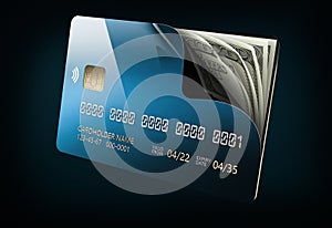 Open Credit card with dollars banknotes, clipping path included. 3d Rendering