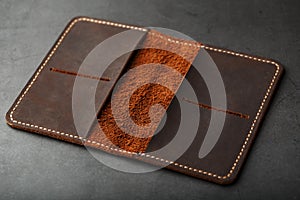 Open Dark Brown Leather Passport Cover. Genuine leather, handmade