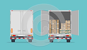 Open delivery truck with cardboard boxes and closed truck. Isolated on blue background.